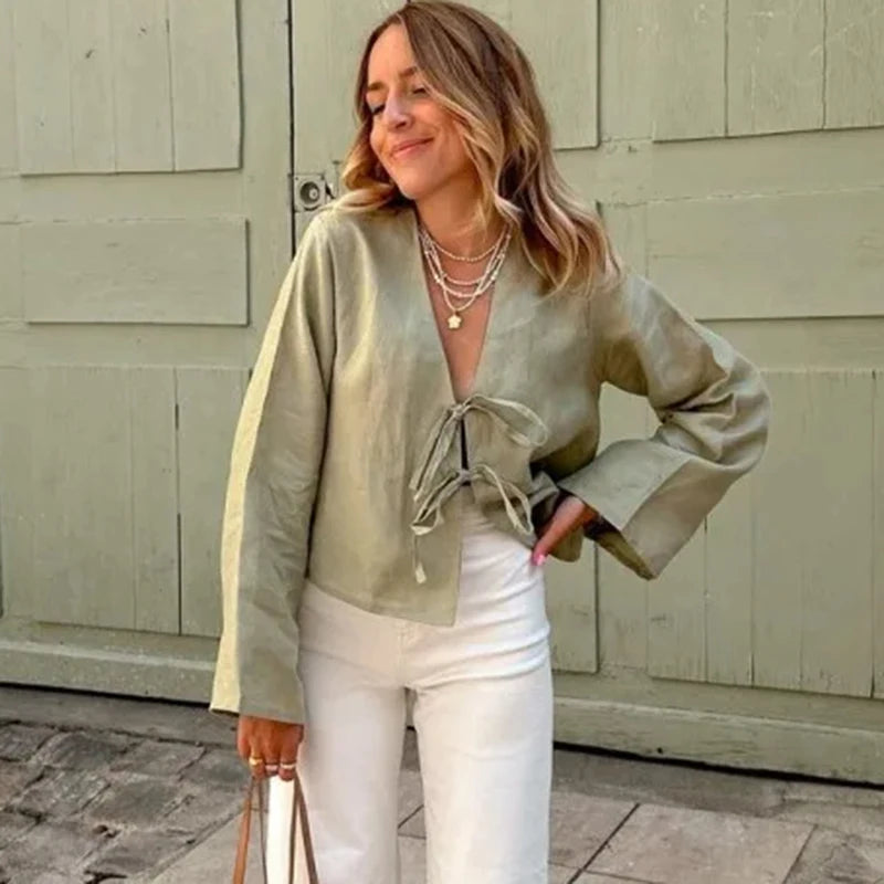 Spring 2025 V-Neck Lace-Up Linen Blouse – Casual Loose Fit