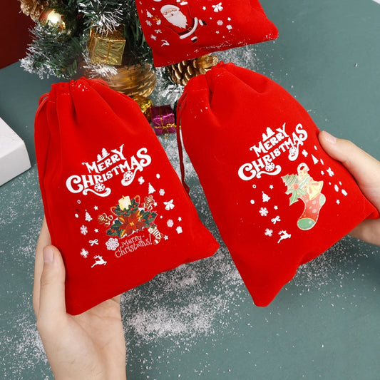 1/30pcs Christmas Gift Bags Red Velvet Drawstring Pouch Bulk Santa Candy Packaging Snack Wrapping Bag Wedding Party Favors Decor