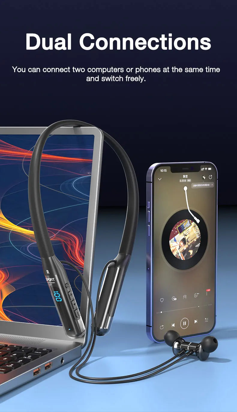 EARDECO Bluetooth 5.3 Neckband Headphones – 80H Battery, Stereo Bass, Mic