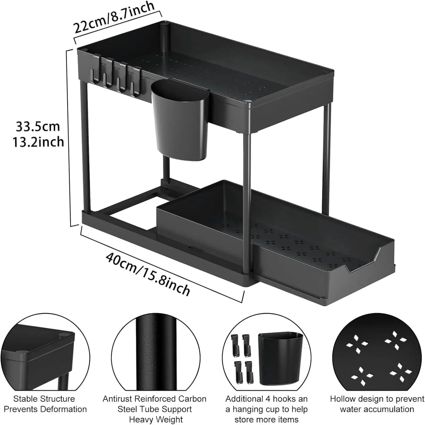 2-Tier Under Sink Organizer with Sliding Drawers & Hooks