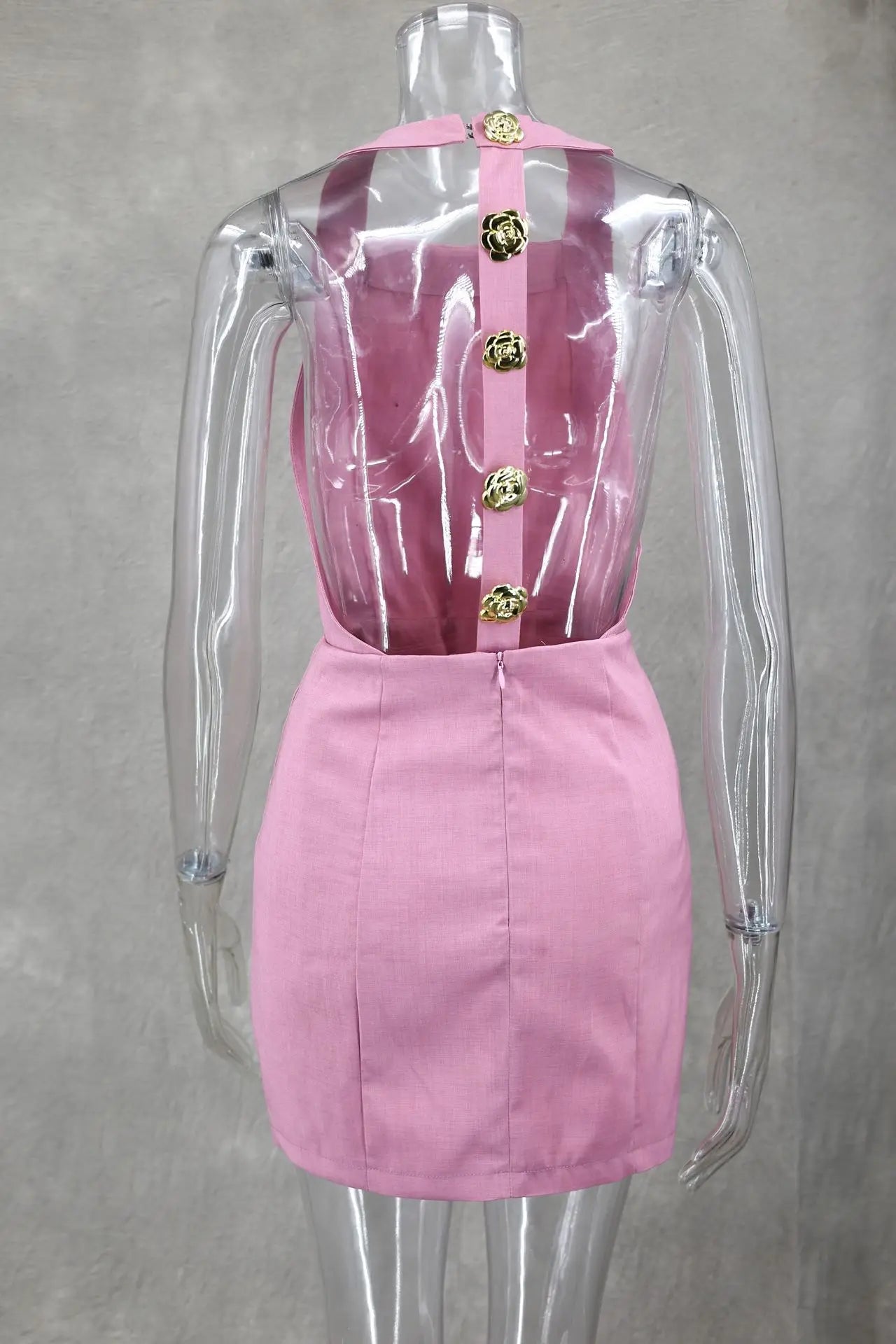 Chic Pink Halter Mini Dress – Backless, Sleeveless, Gold Button | Summer Party Dress 2025