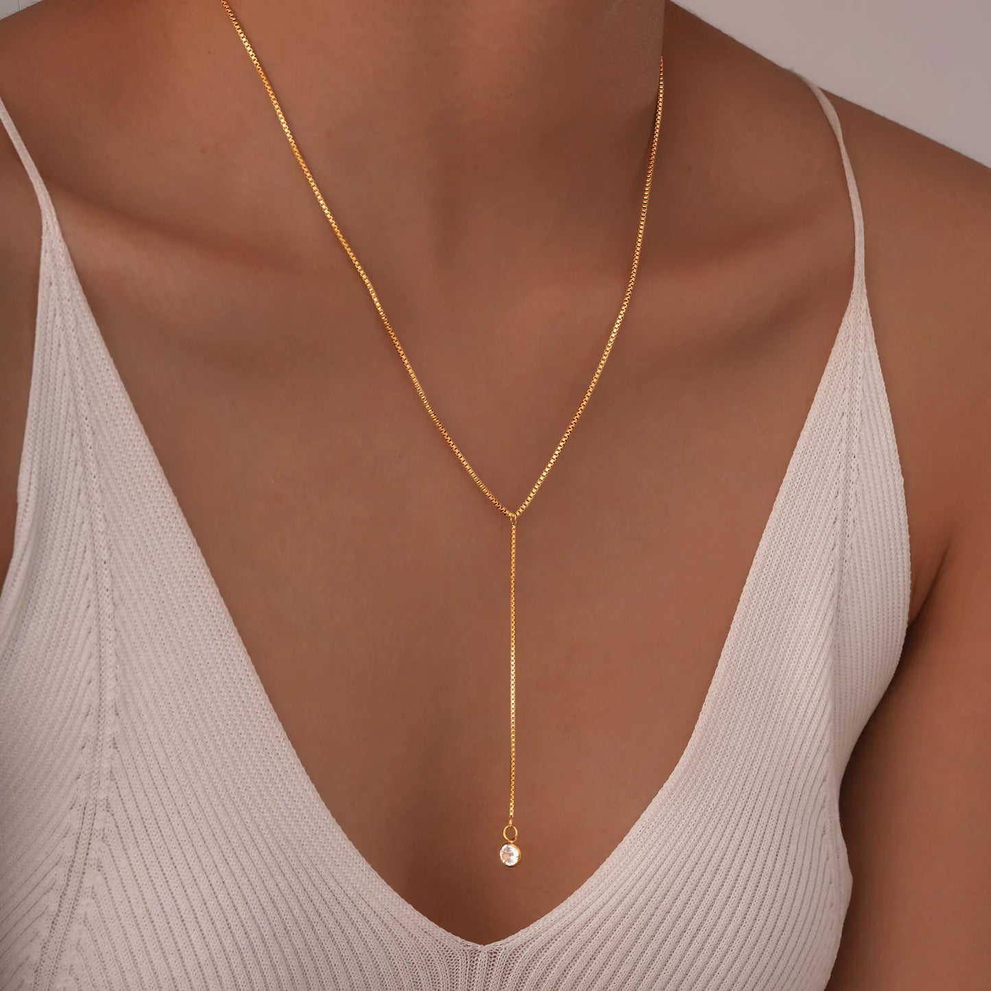 Gold Lariat Y Necklace for Women – Dainty CZ Drop Chain