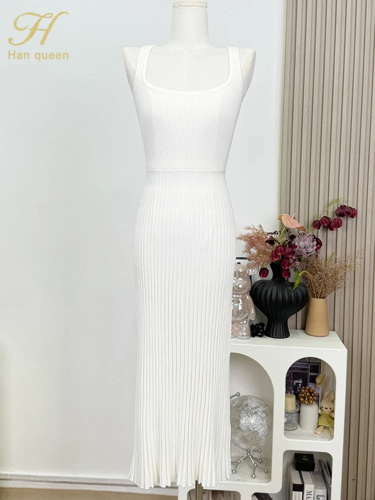 White Sleeveless Knit Midi Dress – Summer Party Style