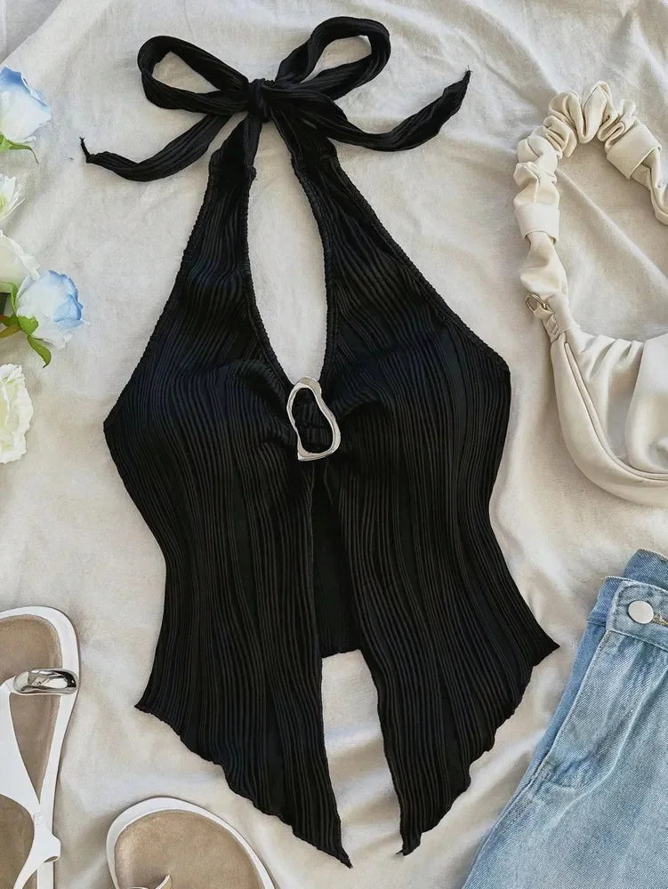 Sexy V-neck Halter Neck Crop Top for Women Summer Sleeveless Solid Split Backless Top Y2K Clothes