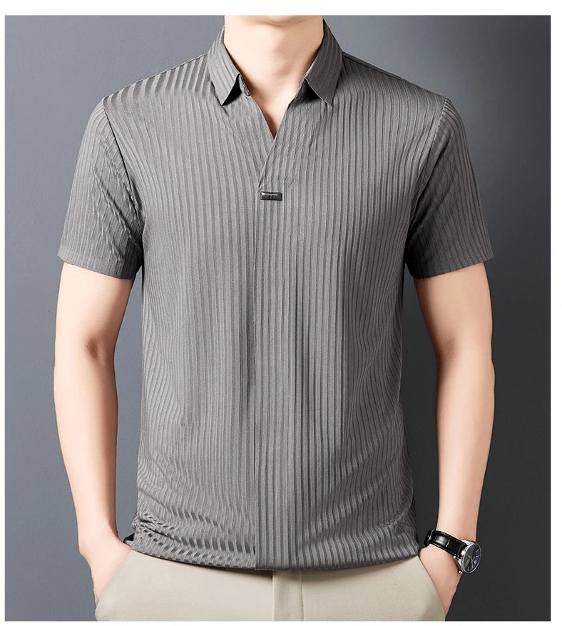 Men’s Breathable Ice Silk Stripe Polo Shirt – Summer Casual