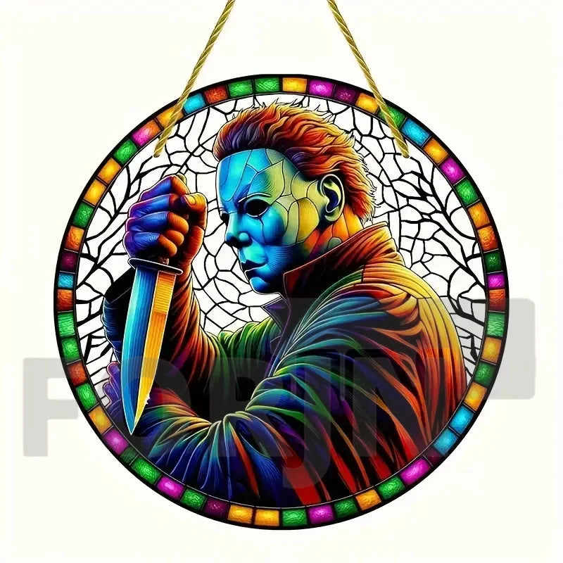 Horror Theme Stained Window Hanging Sun Catcher,Round Acrylic Translucent Sign,Halloween Decor for House,bar,Porch,Patio Garden