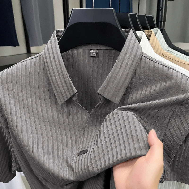 Men’s Breathable Ice Silk Stripe Polo Shirt – Summer Casual