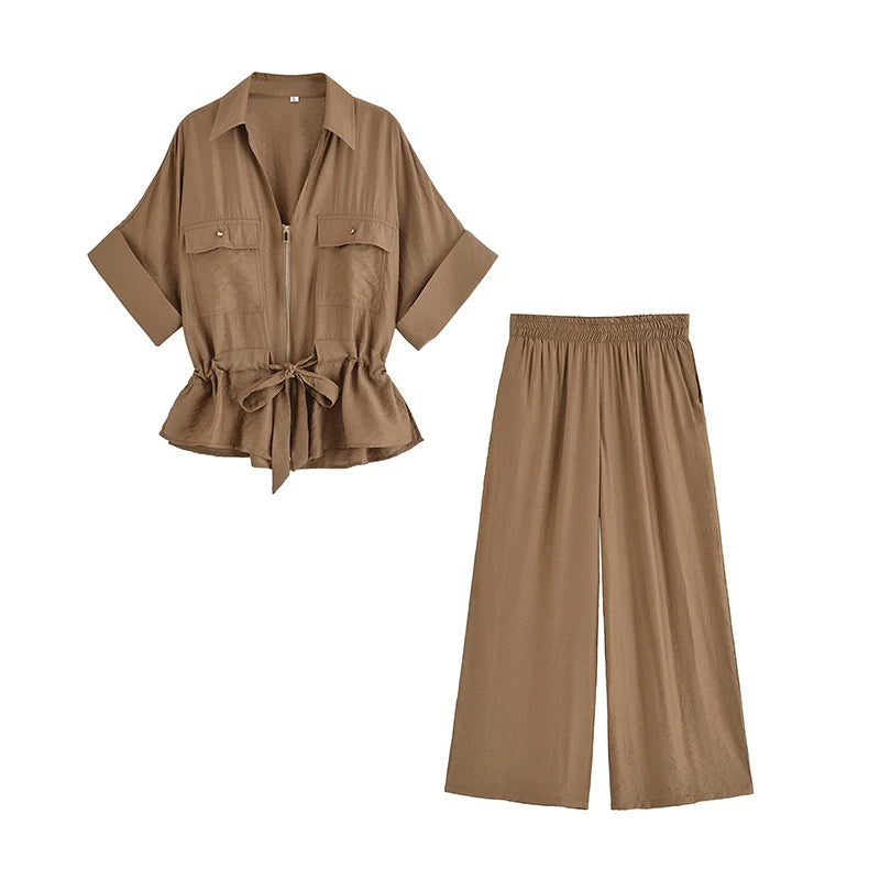 Women’s Summer 2-Piece Set – Loose Shirt & High-Waist Pants