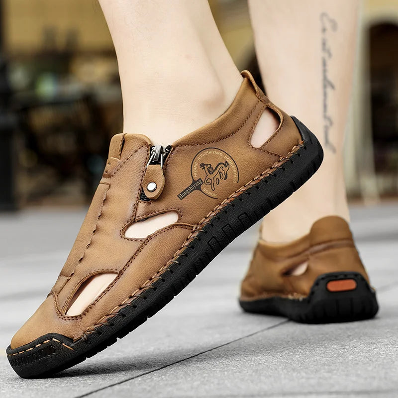 Men’s Leather Roman Sandals – Breathable Handmade Casual Summer Shoes for Outdoor & Beach
