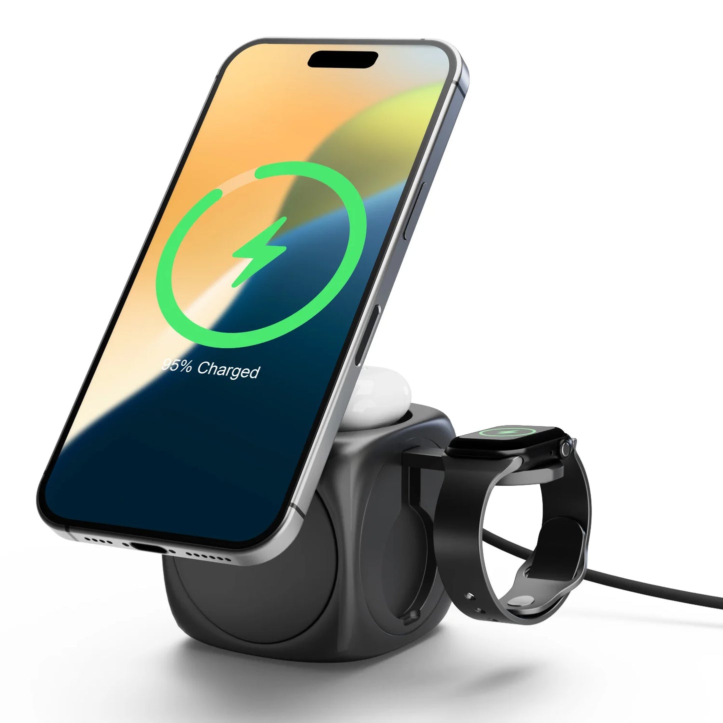 3-In-1 Magnetic Wireless Charging Station Foldable 15W Fast Charge 360 Rotating for IPhone 16 15 14 13 12 Pro/Pro Max/Plus
