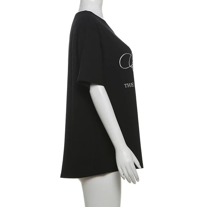 Casual Relax Woman T-shirt Letter 2025 Women Oversized One Shoulder Tops Versatile Street Atmosphere Style Fashionable Tops