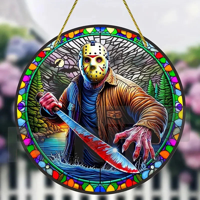 Horror Theme Stained Window Hanging Sun Catcher,Round Acrylic Translucent Sign,Halloween Decor for House,bar,Porch,Patio Garden