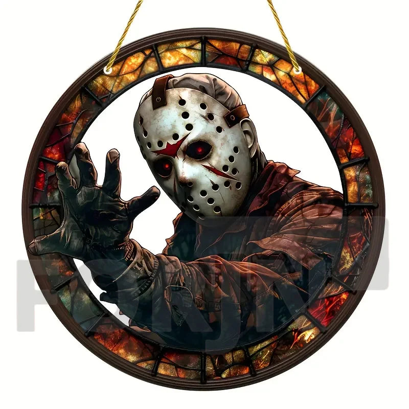 Horror Theme Stained Window Hanging Sun Catcher,Round Acrylic Translucent Sign,Halloween Decor for House,bar,Porch,Patio Garden