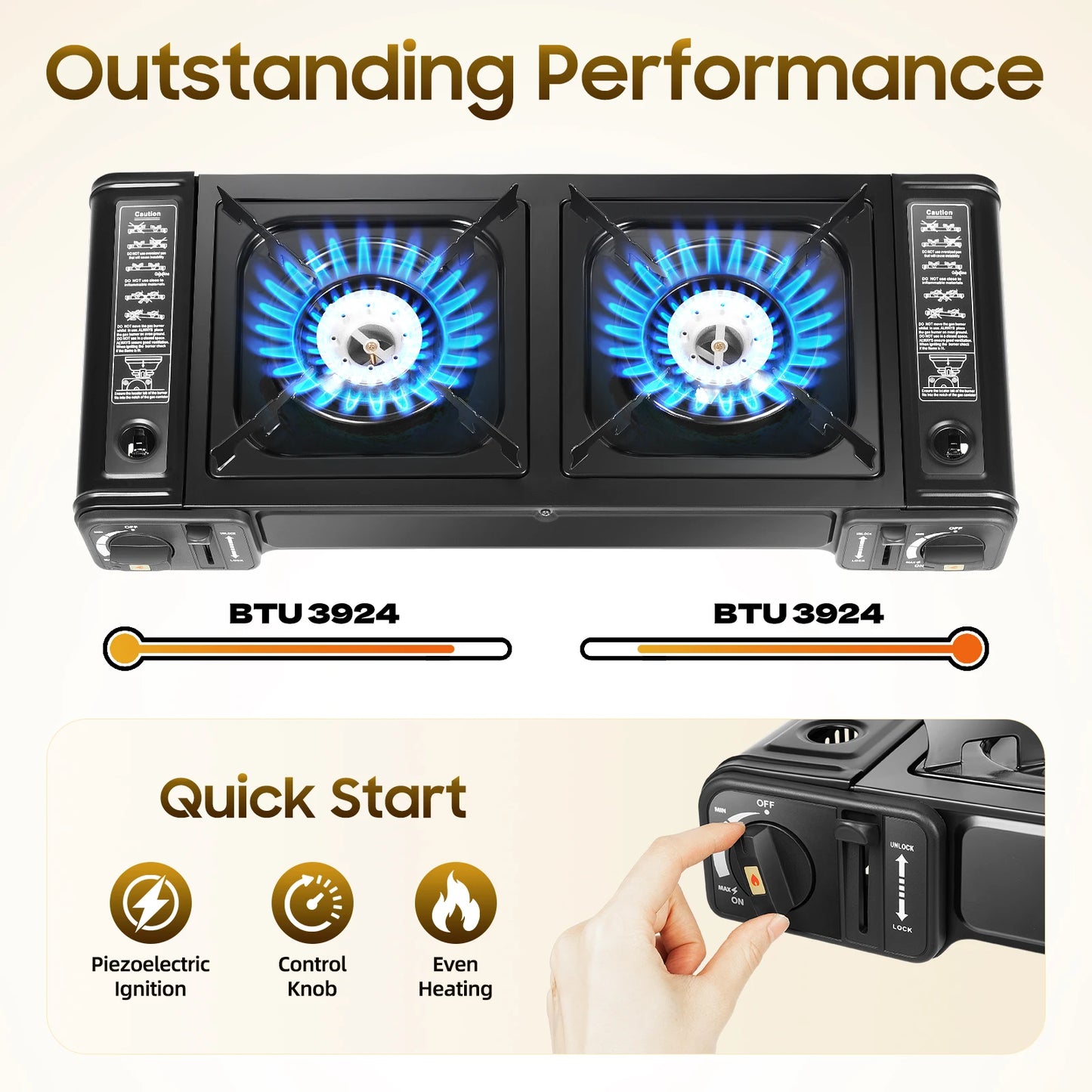 Propane Camping Stove with Dual Burners, Grill Tray, Adjustable Temperature for Outdoor Cooking, Boiling, and Grilling