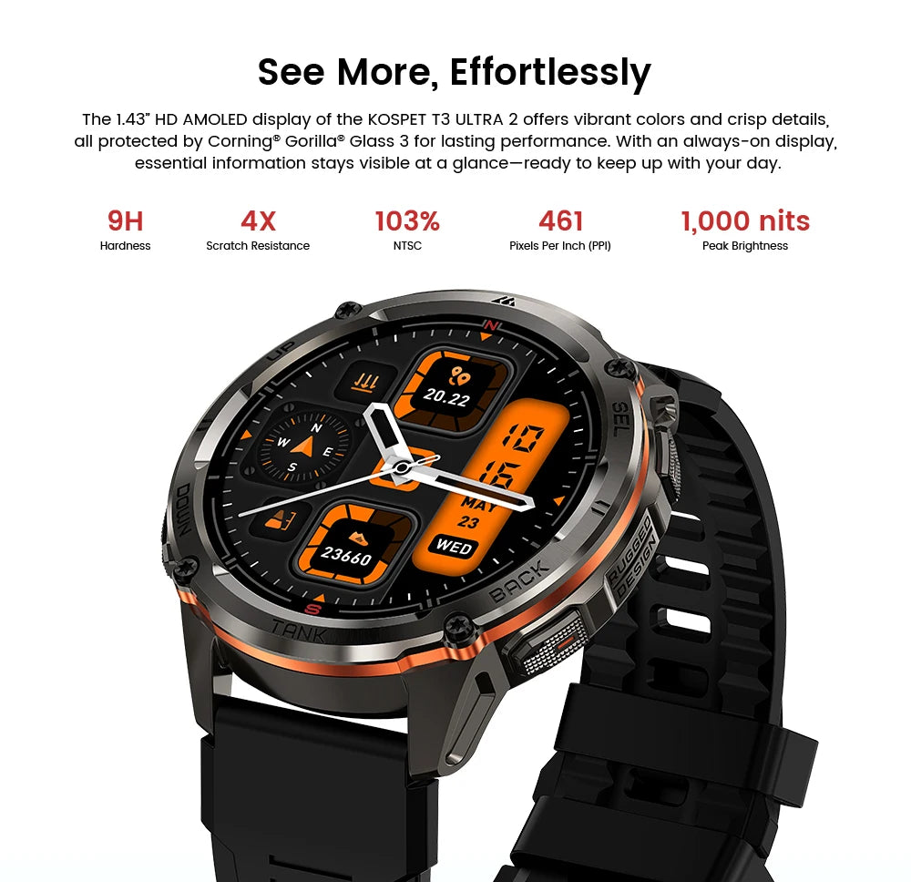 KOSPET TANK T3 Ultra 2 GPS Smart Watch For Men Smartwatch Compass Altimeter Barometric 5ATM IP69K Waterproof AMOLED Mens Watches