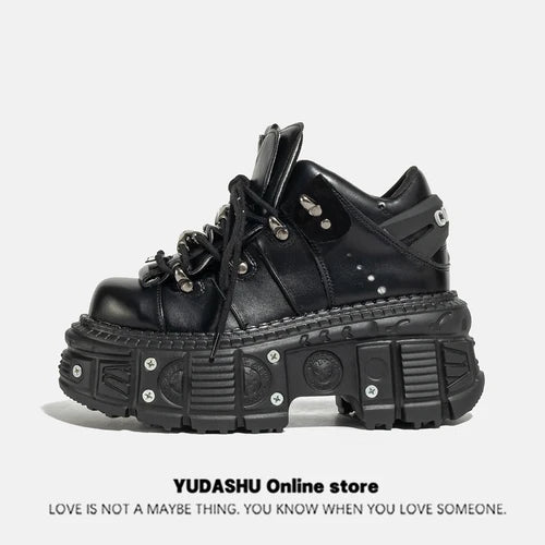 Gothic Dark Platform Thick Bottom Punk Metal Height-Increasing Leather Women's Small Rock Lace-up Rivet Shoes