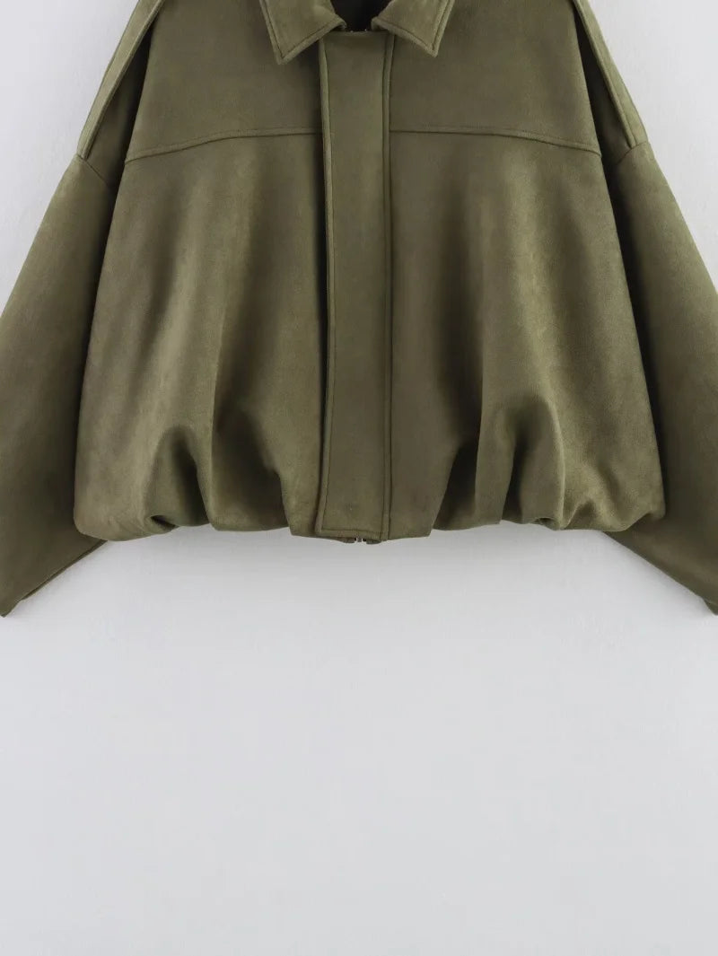 Women’s Suede-Texture Bomber Jacket – Casual Lapel Zip Coat | ETJ