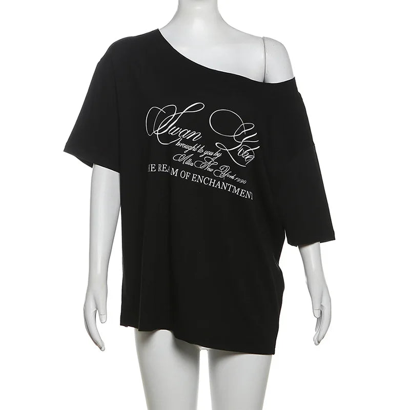 Casual Relax Woman T-shirt Letter 2025 Women Oversized One Shoulder Tops Versatile Street Atmosphere Style Fashionable Tops