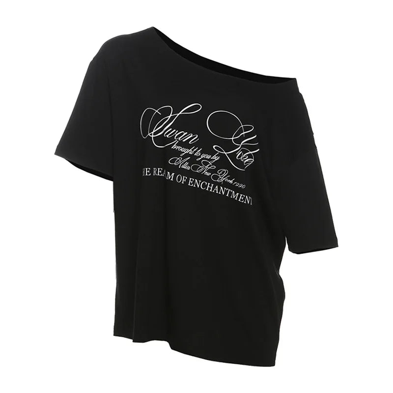 Casual Relax Woman T-shirt Letter 2025 Women Oversized One Shoulder Tops Versatile Street Atmosphere Style Fashionable Tops