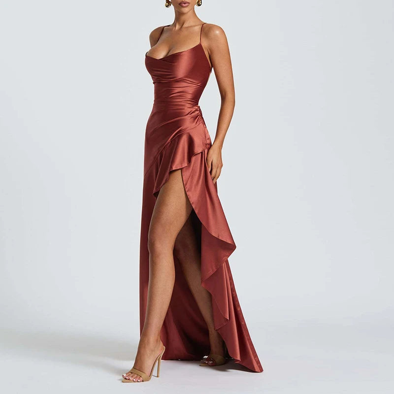 Sexy Slash Neck Slim Ruffle Banquet Dress Women Spring Backless Lace-up Long Irregular Dress Summer Sleeveless Hollow Maxi Dress