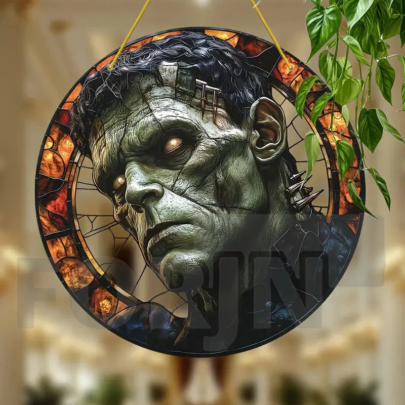Horror Theme Stained Window Hanging Sun Catcher,Round Acrylic Translucent Sign,Halloween Decor for House,bar,Porch,Patio Garden
