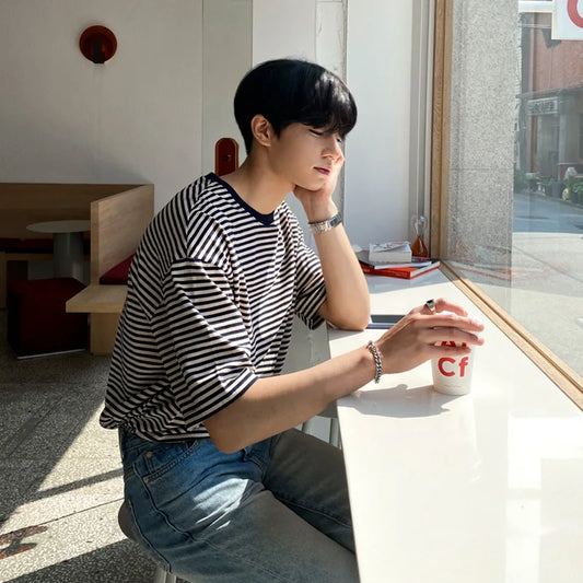 Y2K Men’s Striped Oversized T-Shirt – Summer Casual Loose Fit