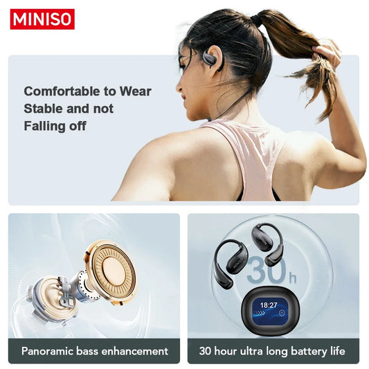 Miniso MS189 AI Translation Bluetooth Earphones Sports Wireless Headset LCD Color Touch Screen 8-Hour Battery Life Stereo Bass