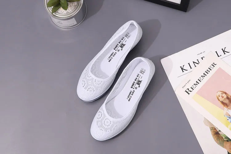 Women’s White Lace Breathable Slip-On Sneakers – Casual Summer Flats with Low Wedge Comfort Sole