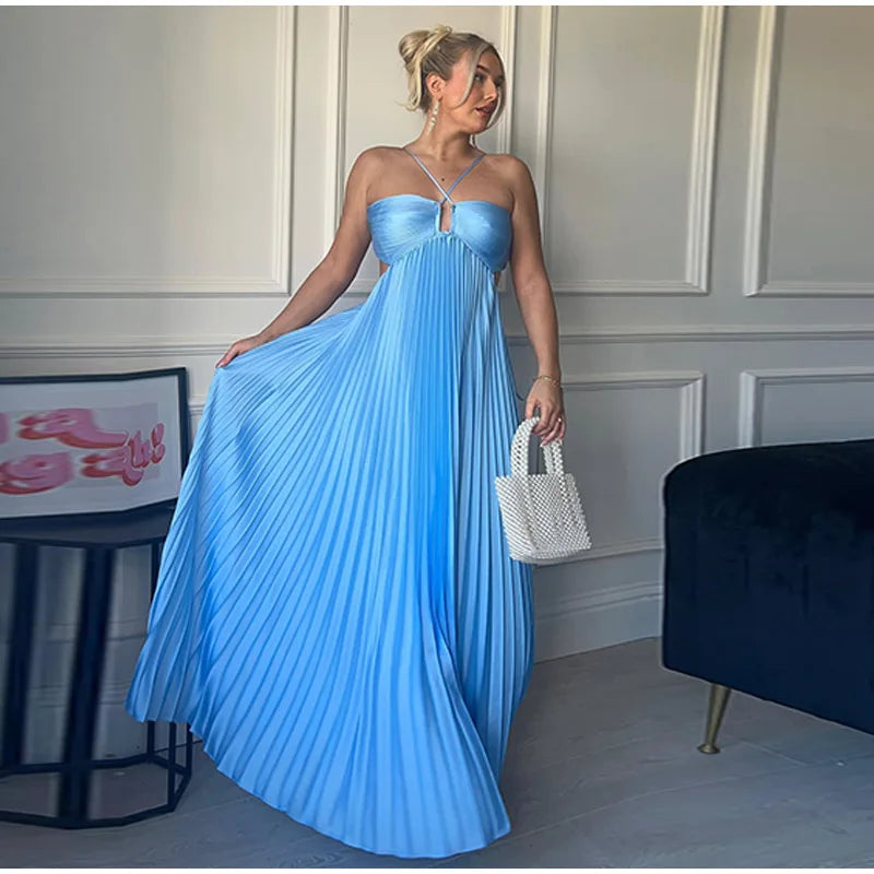 Women's Halter Backless Pleated Maxi Dress – Beach Vibes 2025
