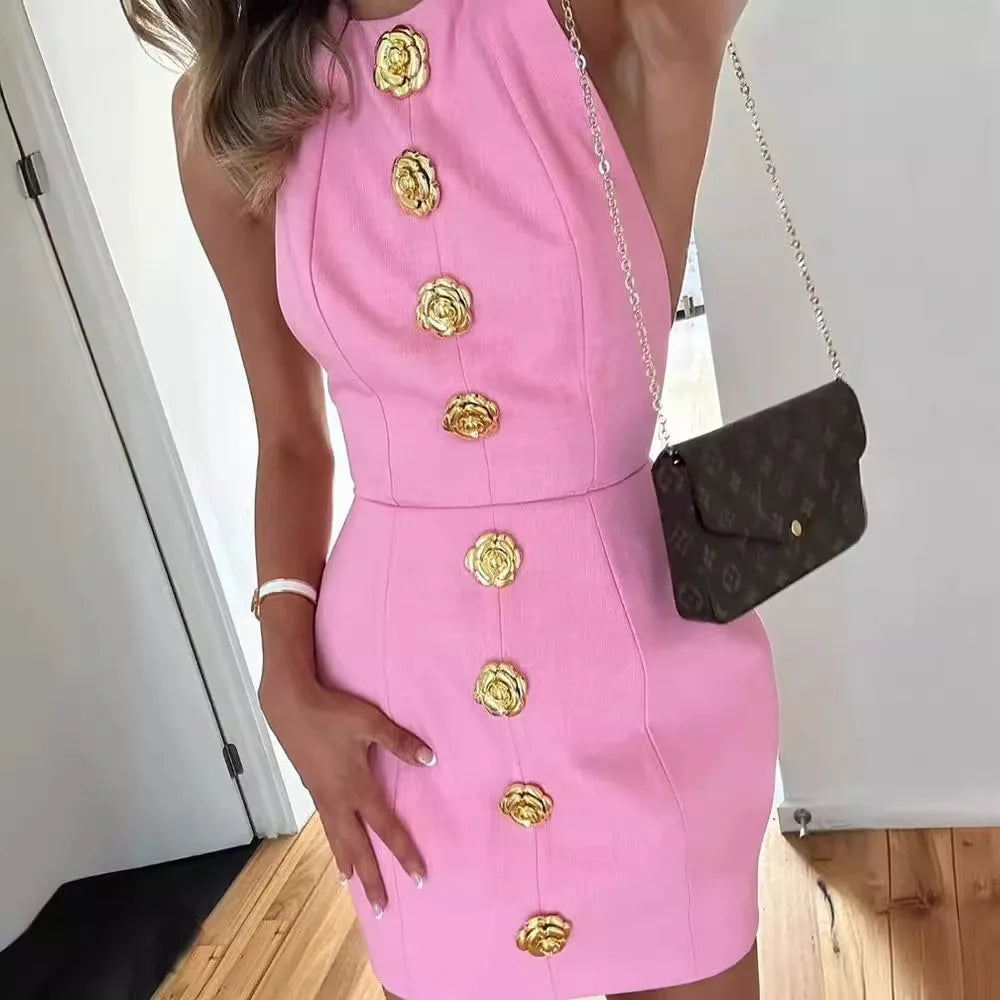 Chic Pink Halter Mini Dress – Backless, Sleeveless, Gold Button | Summer Party Dress 2025