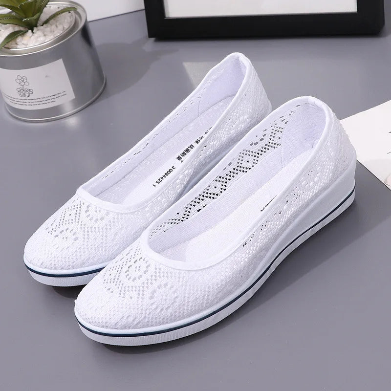 Women’s White Lace Breathable Slip-On Sneakers – Casual Summer Flats with Low Wedge Comfort Sole