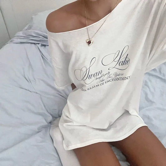 Casual Relax Woman T-shirt Letter 2025 Women Oversized One Shoulder Tops Versatile Street Atmosphere Style Fashionable Tops