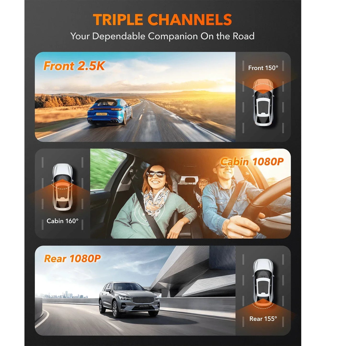 WOLFBOX I07 Dash Cam 3 Channel Dash Camera for Car Front and Rear 4K Dash Camera with GPS WiFi Car Dvr for 170 FOV WDR