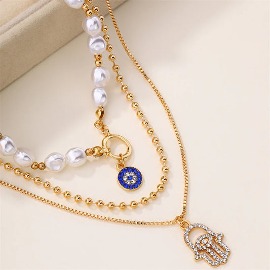 Layered Evil Eye & Cross Pendant Necklace – Lucky Charm