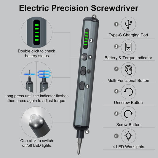 68-in-1 Electric Precision Screwdriver Set – Cordless, 5 Torque Modes, LED, S2 Steel Bits