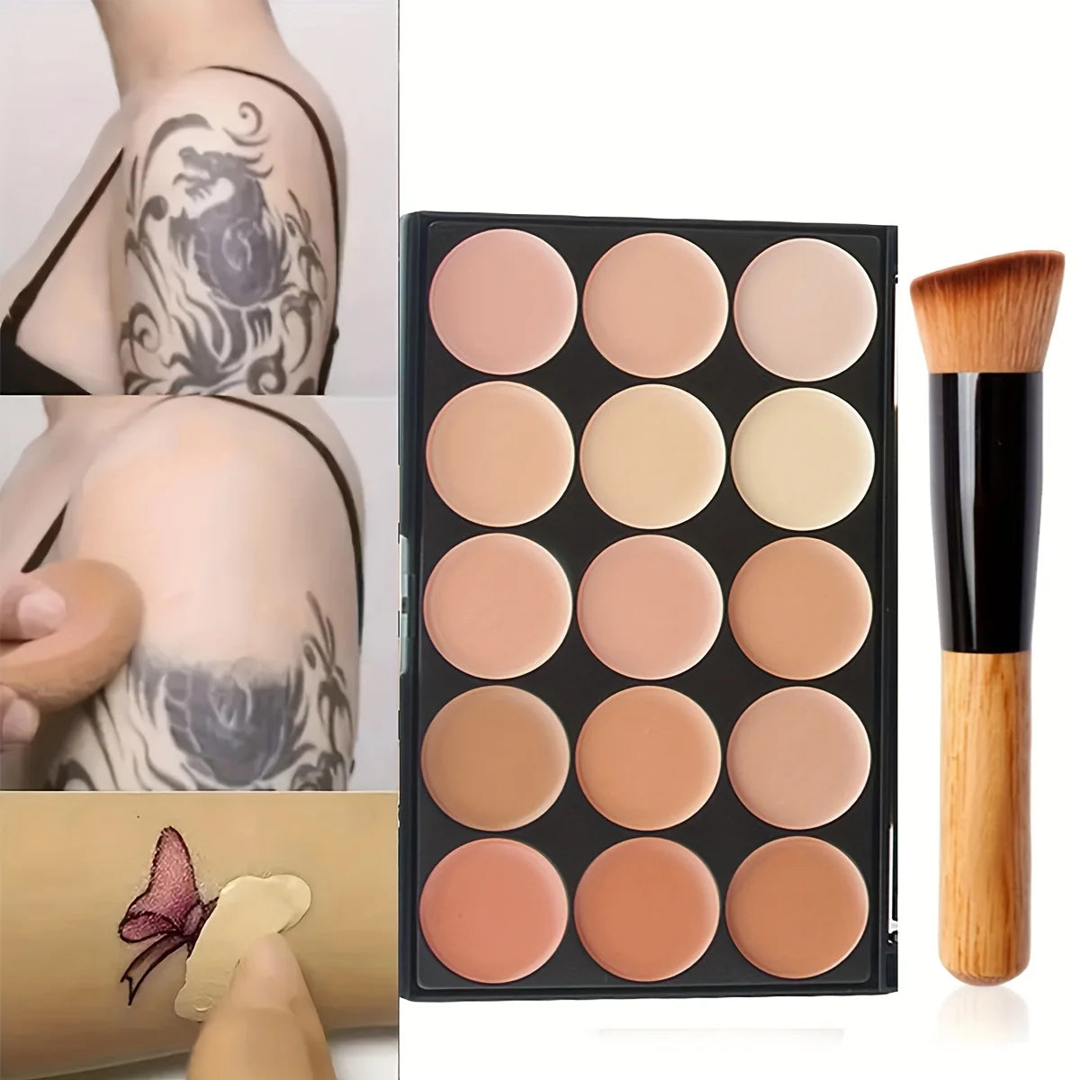 2pcs 15-color Professional Concealer with Brush,Face Makeup and Contouring Dark Circles Acne Mark Brightening Waterproof Sweat