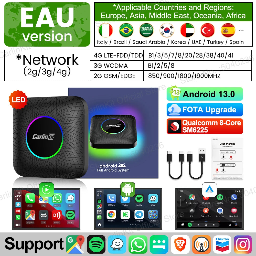 128GB CarlinKit LED Wireless CarPlay Android Auto Box CarPlay Ai Box Android 13 Video Playback Split Screen Qualcomm 8cores FOTA