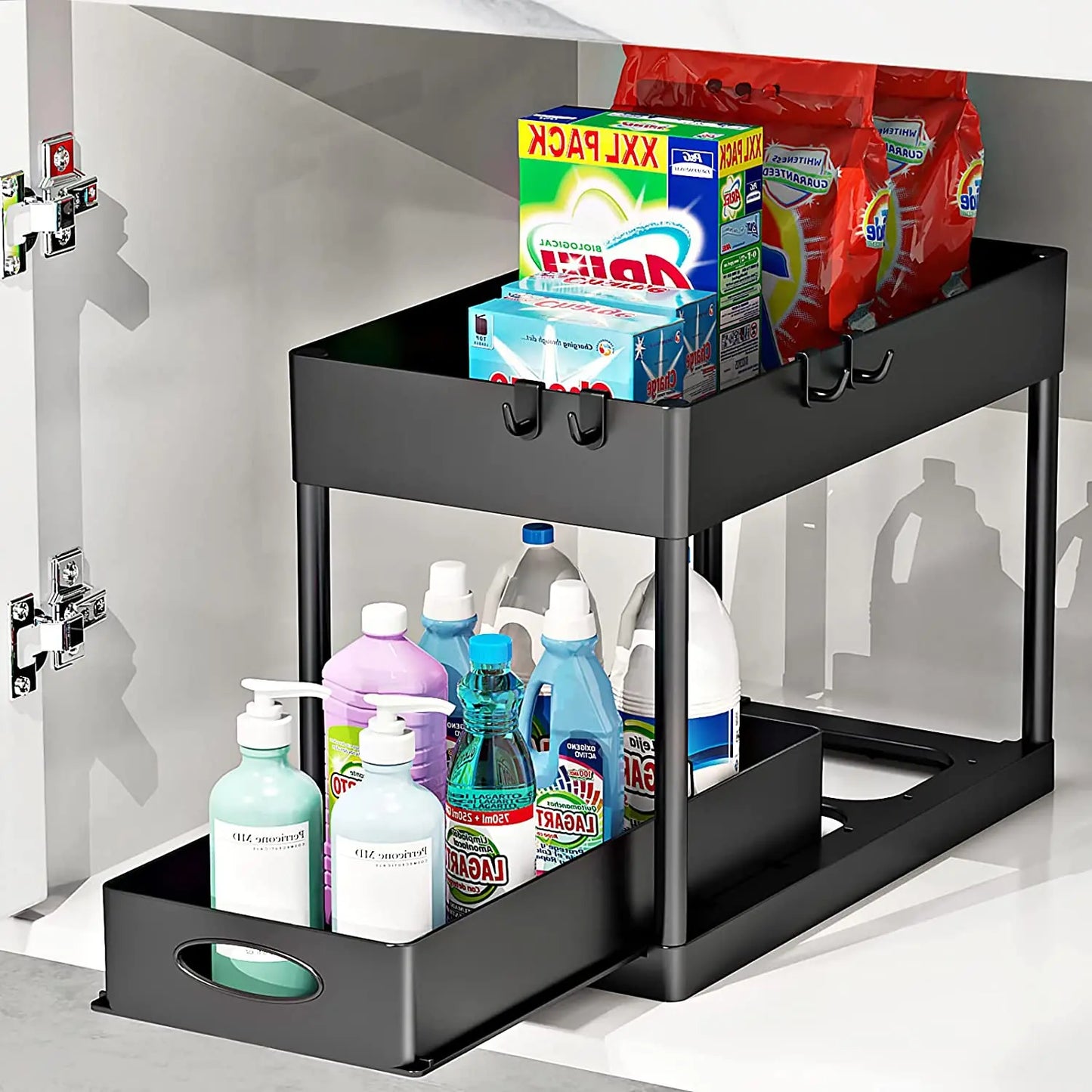 2-Tier Under Sink Organizer with Sliding Drawers & Hooks