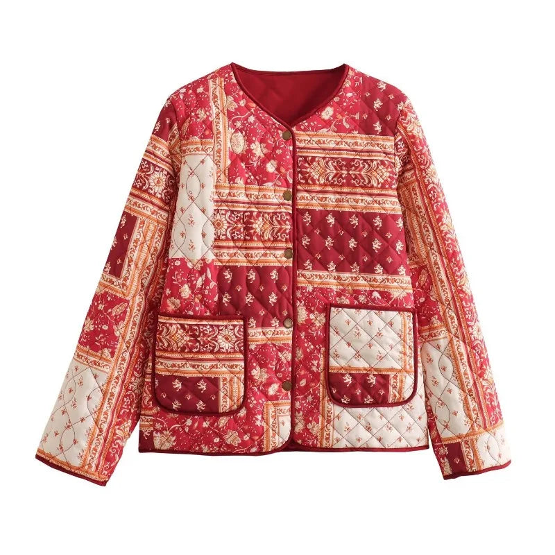 Women’s Quilted Floral Jacket – Vintage Loose Fit Winter Coat