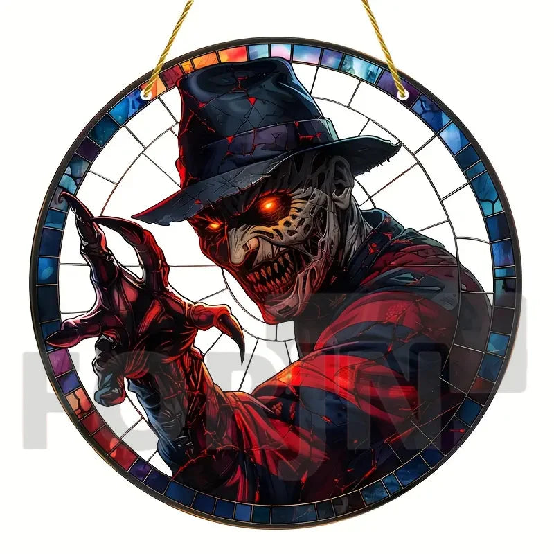 Horror Theme Stained Window Hanging Sun Catcher,Round Acrylic Translucent Sign,Halloween Decor for House,bar,Porch,Patio Garden
