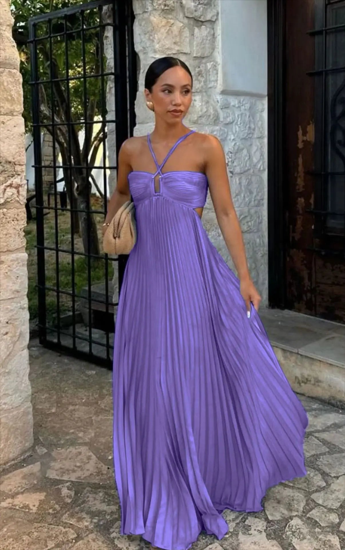 Women's Halter Backless Pleated Maxi Dress – Beach Vibes 2025