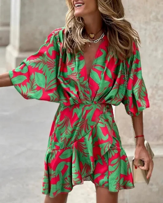 Boho Floral V-Neck Mini Dress – Batwing Sleeve Beach Style