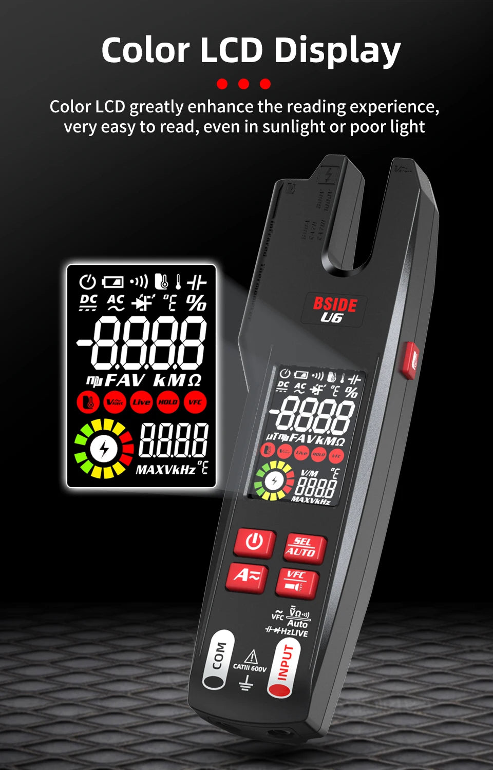 BSIDE Professional Digital Clamp Meter U6 Fork 600A Ammeter Pliers T-RMS DC AC Current OpenJaw Electrical Tester Auto Multimeter