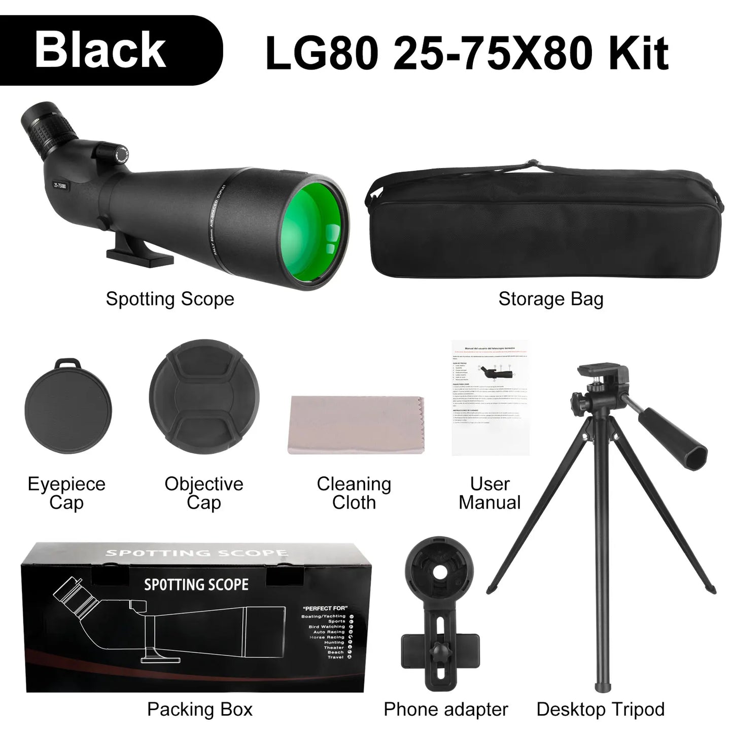 25-75x80 Zoom Spotting Scope with Tripod & Phone Mount