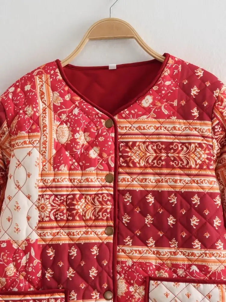 Women’s Quilted Floral Jacket – Vintage Loose Fit Winter Coat