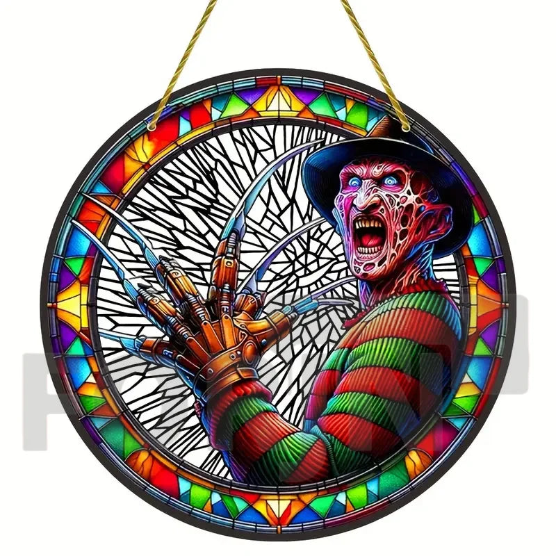 Horror Theme Stained Window Hanging Sun Catcher,Round Acrylic Translucent Sign,Halloween Decor for House,bar,Porch,Patio Garden