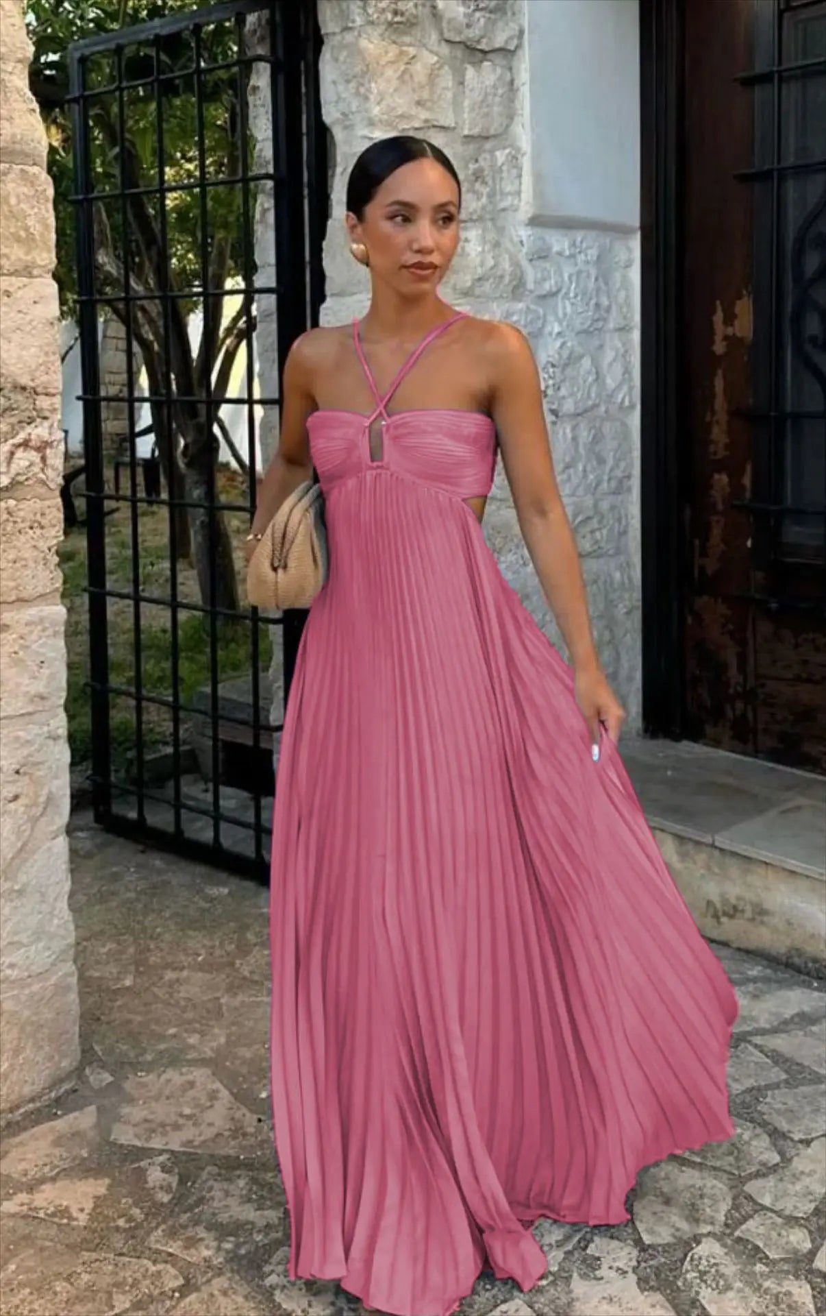 Women's Halter Backless Pleated Maxi Dress – Beach Vibes 2025