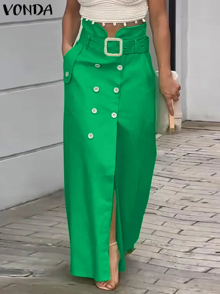 VONDA Women Elegant Skirts 2025 Casual Waistband Button Design Slit Long Overskirts Solid Color Office Lady Bottoms Oversized