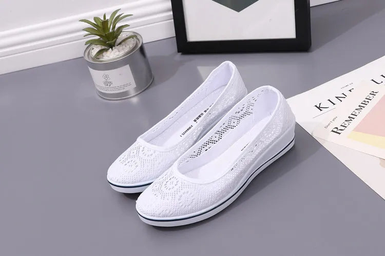 Women’s White Lace Breathable Slip-On Sneakers – Casual Summer Flats with Low Wedge Comfort Sole