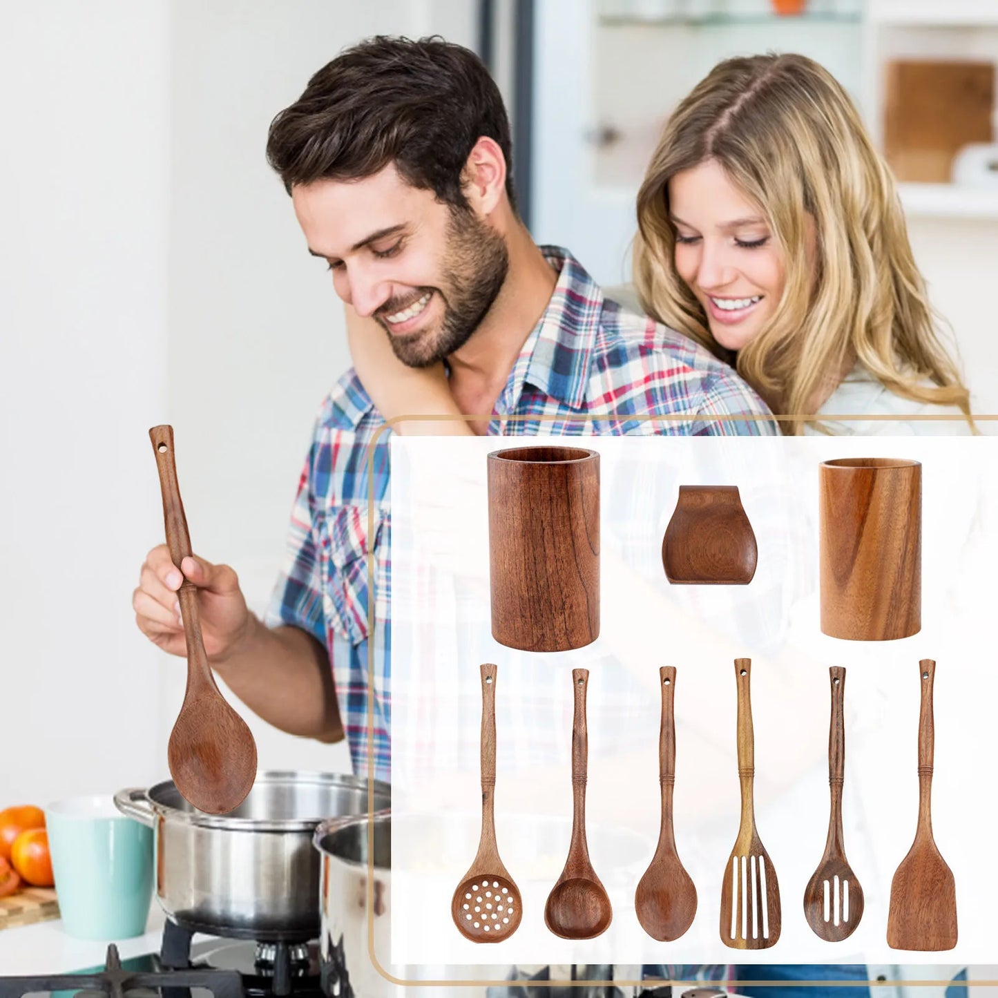 Wooden Kitchenware Cooking Utensils Set Non-stick Cookware Spatula Shovel Natural Teak Wooden Kitchen Cooking Tool Set 2025